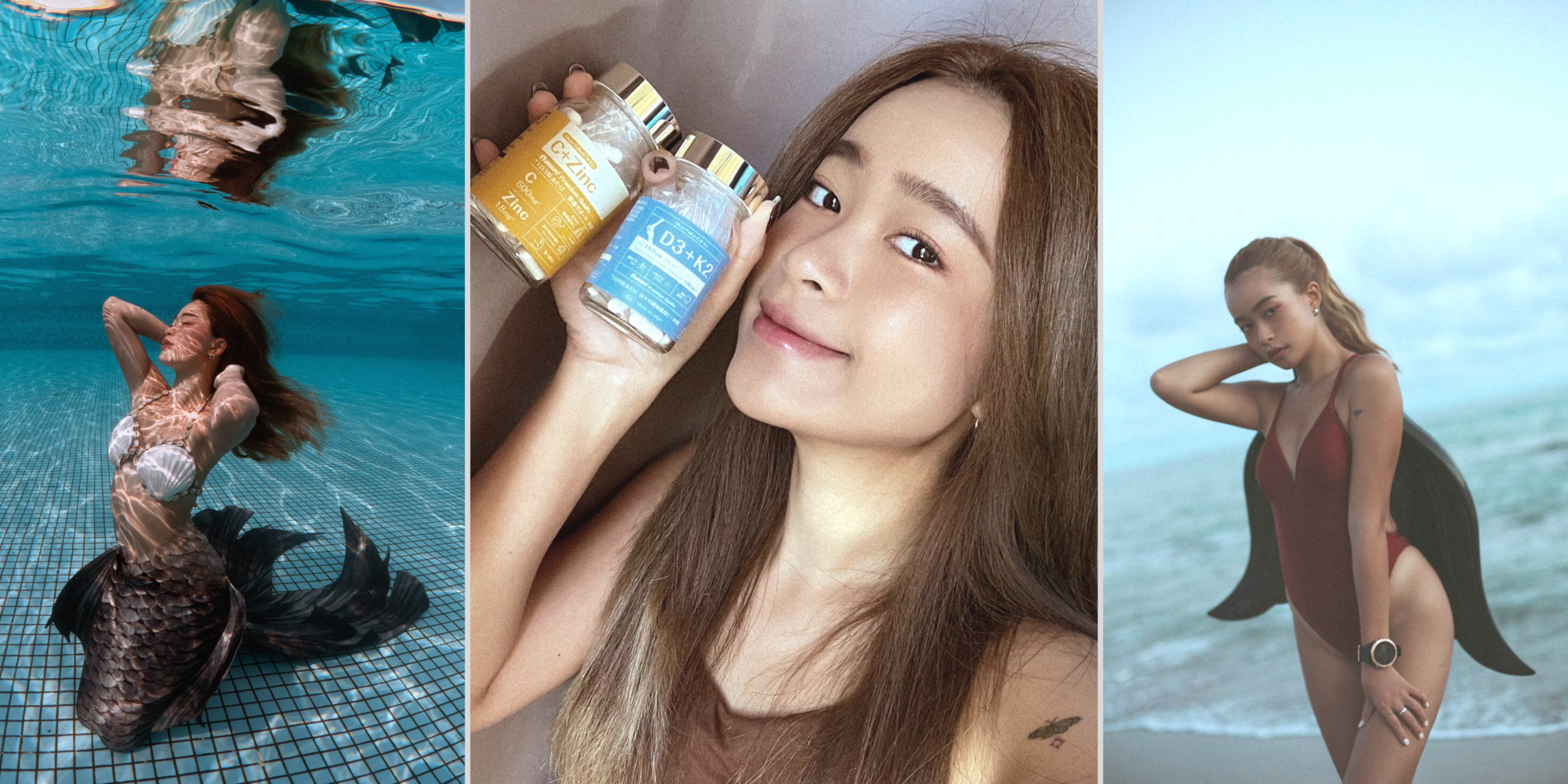Jamie在水下身穿人魚裝還有手持OkayTake維生素系列產品