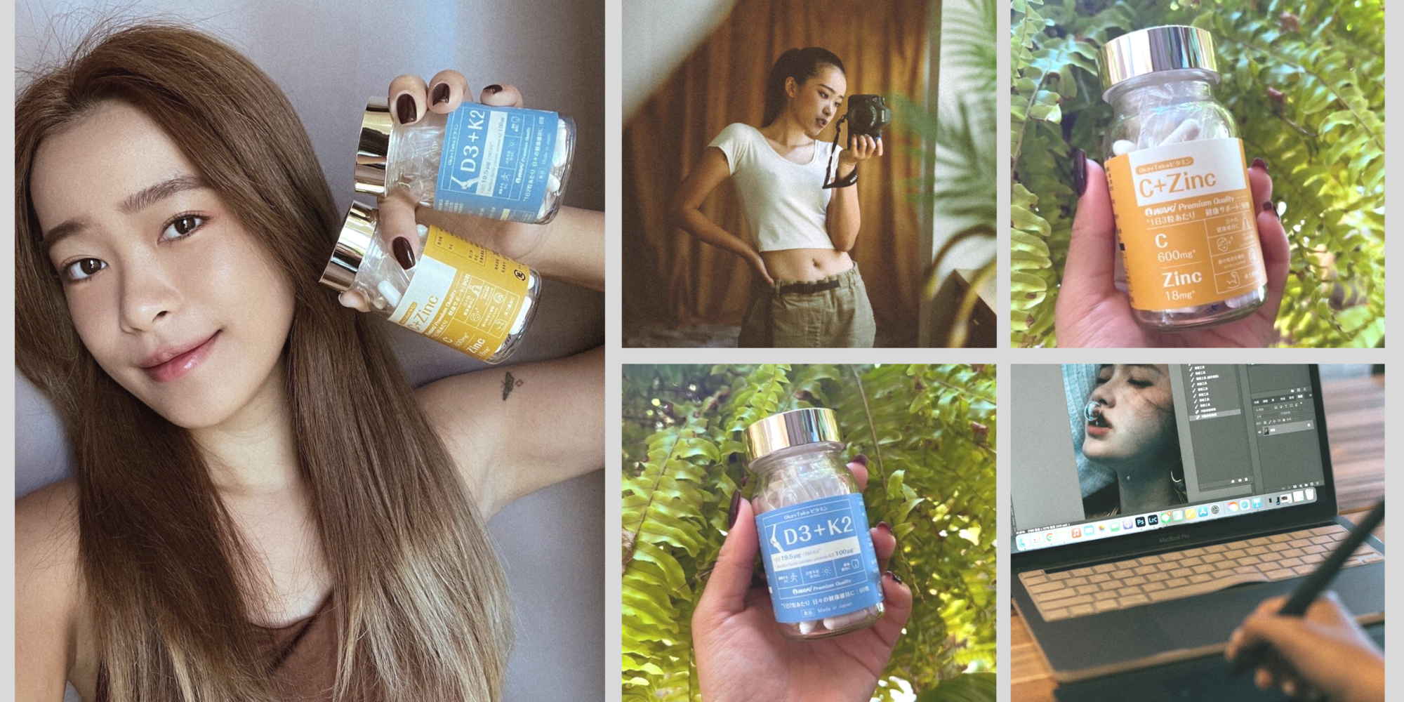 Jamie手持OkayTake維生素系列商品和工作拍攝的樣子